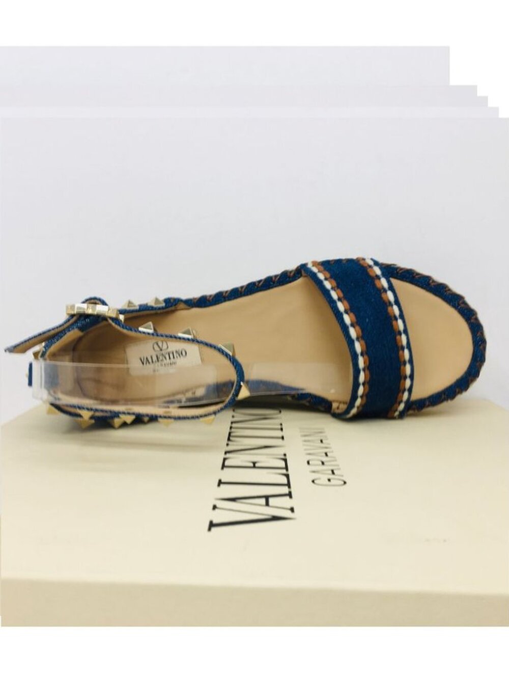 Valentino Garavani 55mm Rockstud Denim Wedge Sandals 8 M - Picture 5 of 11